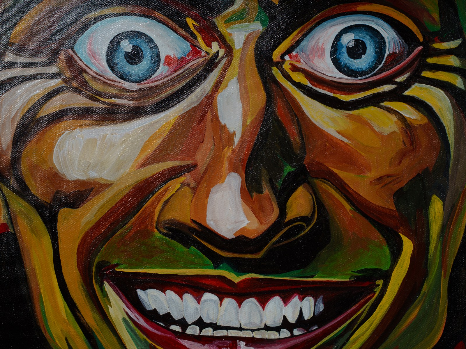 Close detail of the wide grin and glassy blue eyes locking the viewer in. Insanity, 2026, by Payal Agarwal.