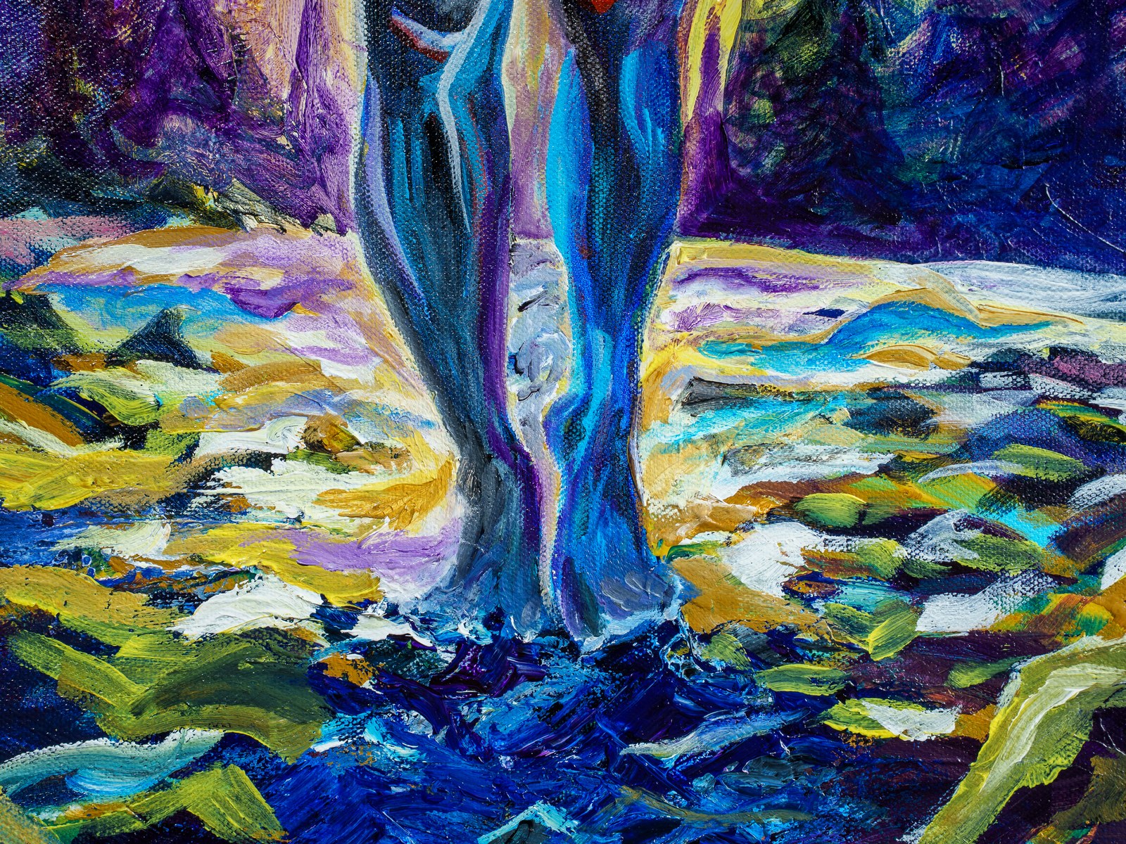 Lower legs dissolve into rippling blue and yellow ground strokes. Inverted Periscope, 2026, by Payal Agarwal.