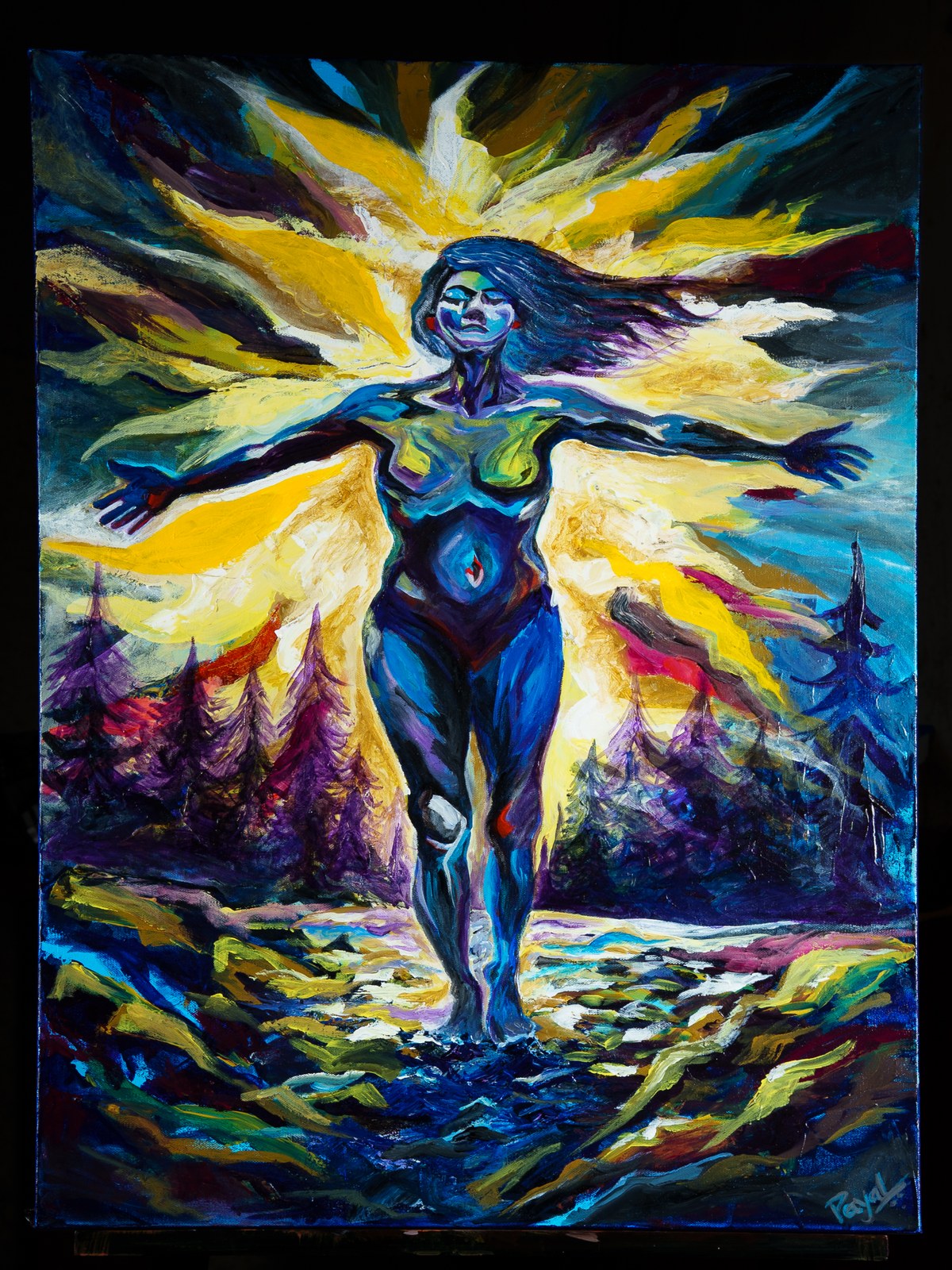 Blue figure radiates yellow light, arms outstretched, interior chaos broadcast outward. Inverted Periscope, 2026, by Payal Agarwal.