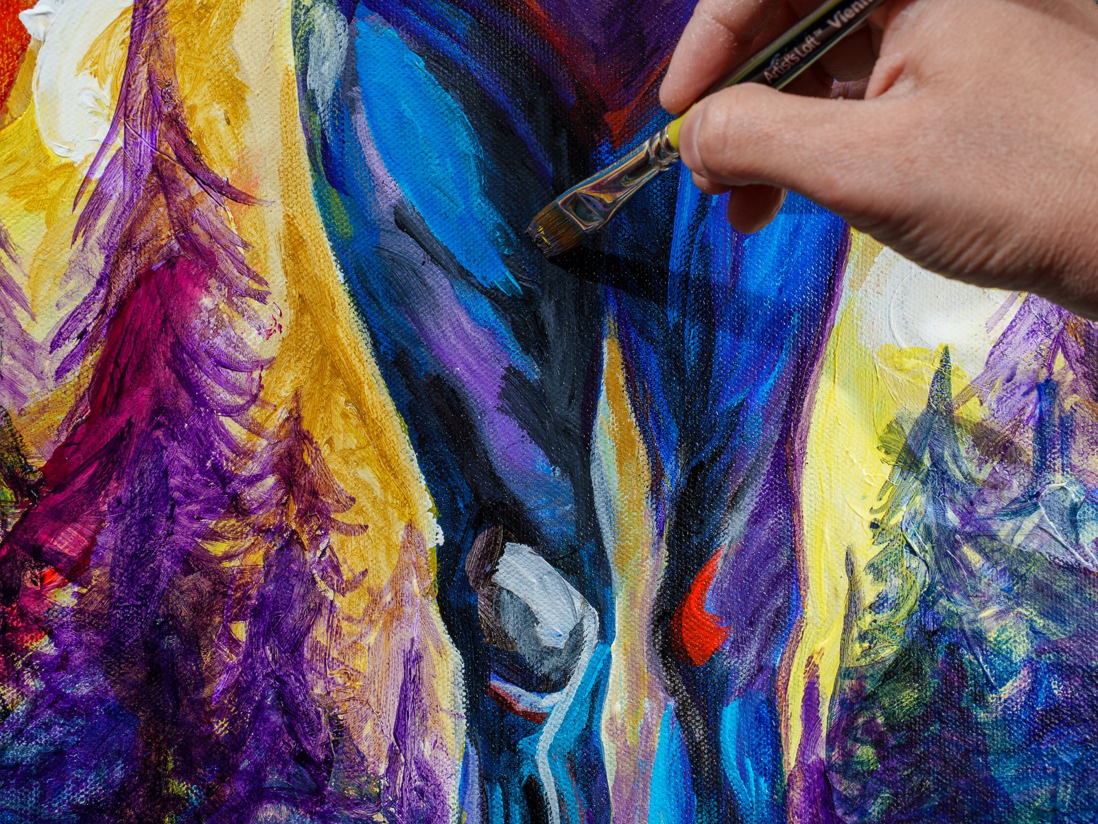 Brush meets canvas, exposing thick impasto ridges of blue, yellow, magenta. Inverted Periscope, 2026, by Payal Agarwal.