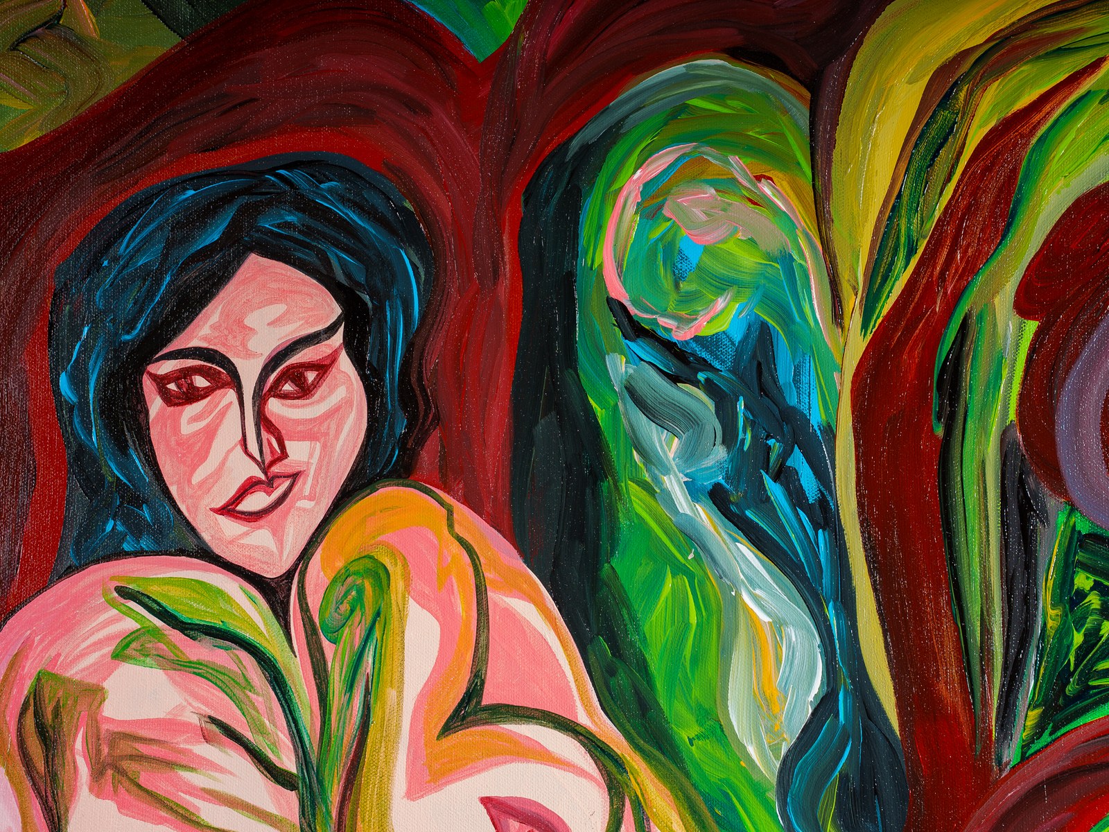 The upper figure's face emerges, gaze steady, as the surrounding foliage begins to claim her shoulders. The Garden Consumes, 2026, by Payal Agarwal.
