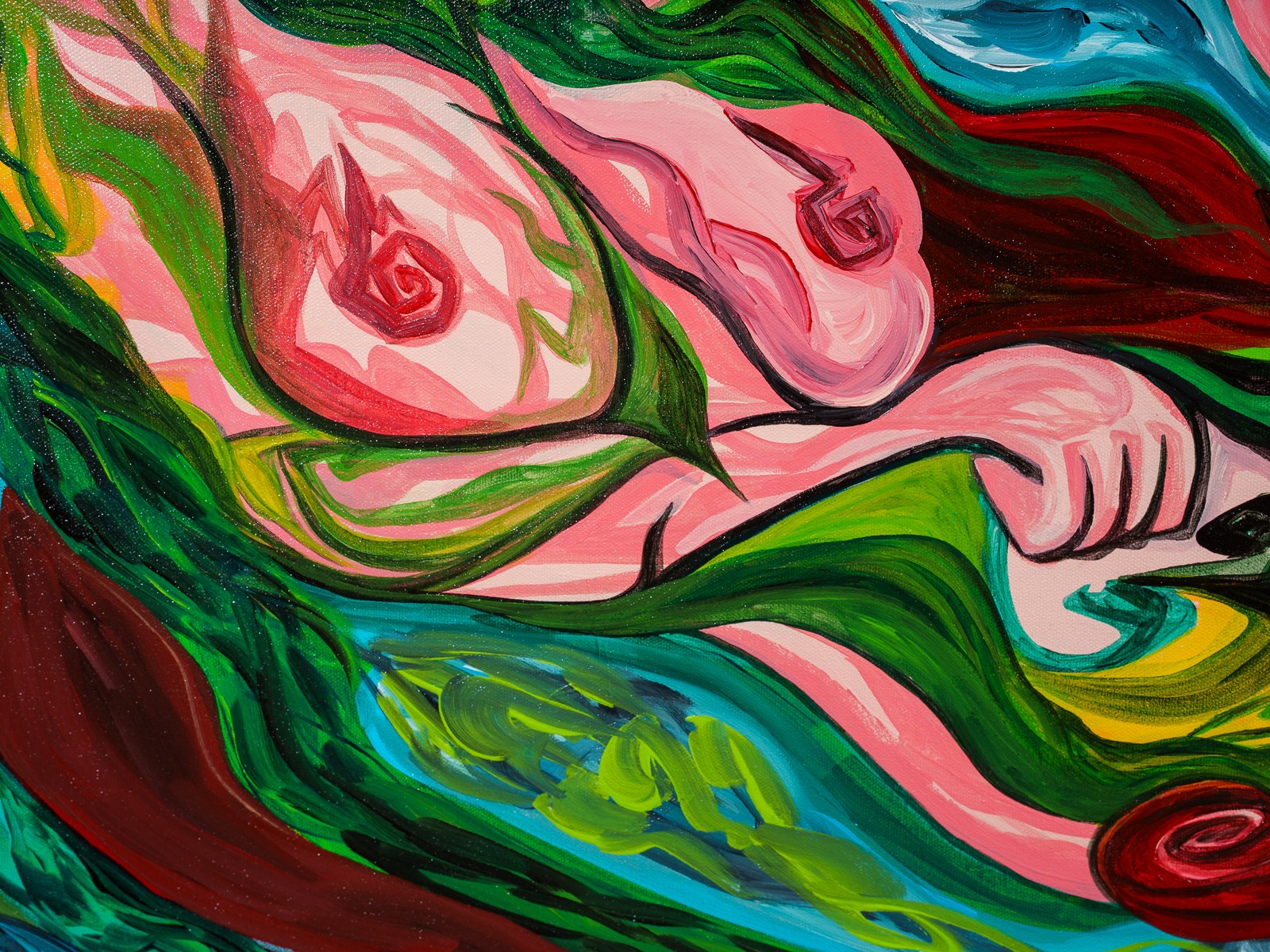 Pink torsos and limbs blur into ribbons of green and blue, vulnerability surrendering to the garden's pull. The Garden Consumes, 2026, by Payal Agarwal.