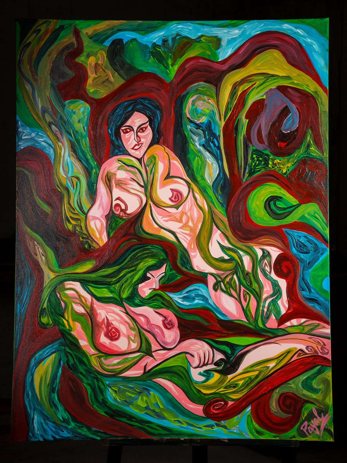 Two coral-toned nude figures dissolve into a swirling garden of crimson, emerald, and turquoise currents. The Garden Consumes, 2026, by Payal Agarwal.