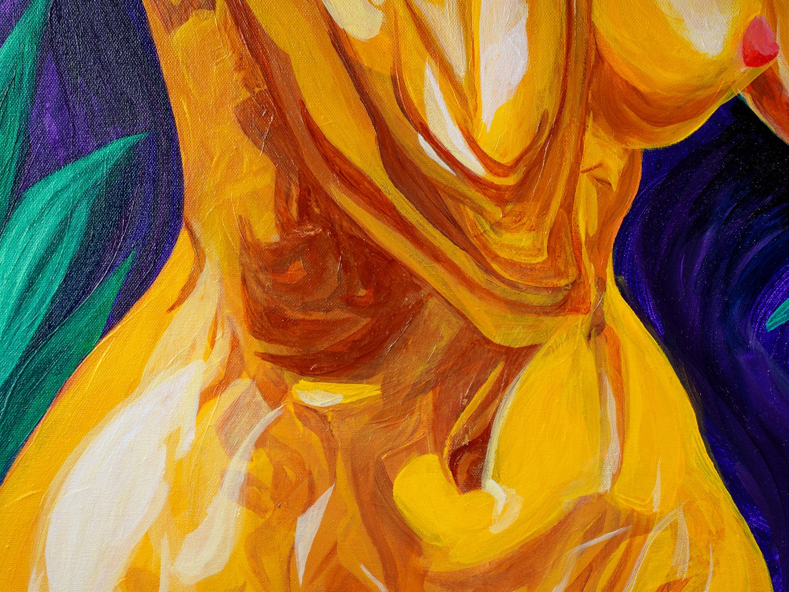 Torso detail: yellow ochre flesh modeled in fluid acrylic strokes against violet shadow. The Garden of Eden, 2026, by Payal Agarwal.