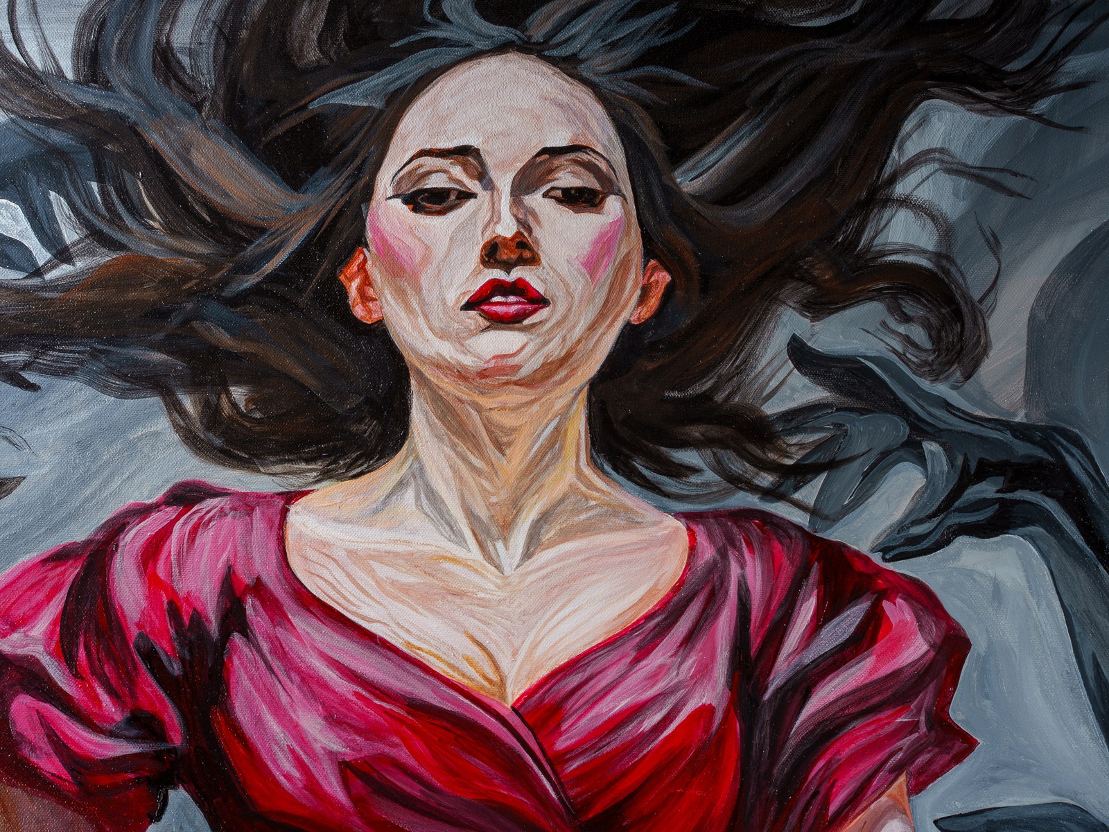 A tight crop on the woman's face and shoulders reveals flushed cheeks, parted lips, and wind-swept hair. The Gravity of Touch, 2026, by Payal Agarwal.