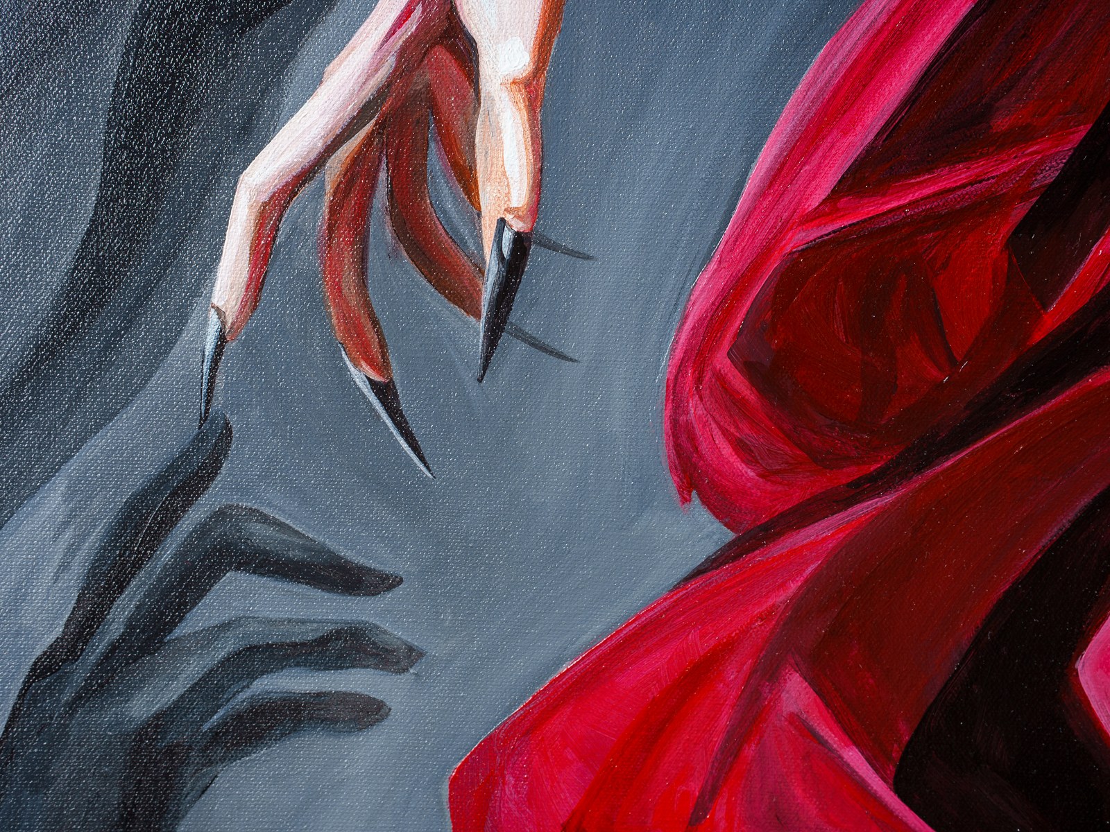 Talon-tipped clawed hands reach toward the billowing red fabric in an intimate study of pressure. The Gravity of Touch, 2026, by Payal Agarwal.