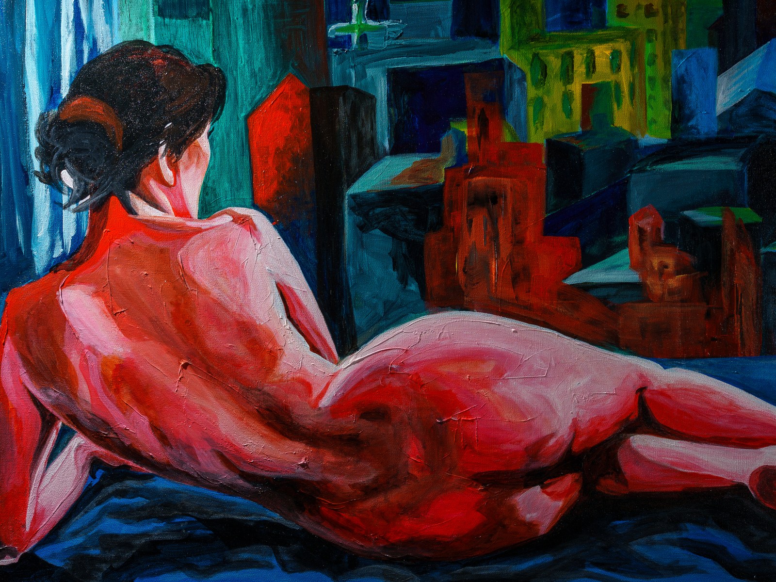 The figure's pink-and-crimson back curves toward a jagged city of vacant red and emerald facades. The Heat of Cold Distance, 2026, by Payal Agarwal.