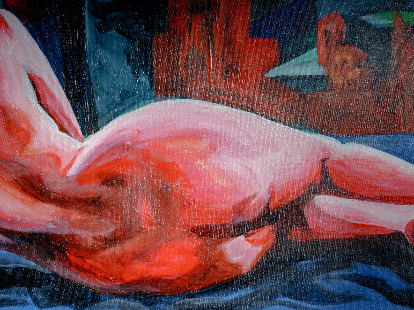 Reclining hips and limbs glow in raw pink against rust-toned towers receding into blue distance. The Heat of Cold Distance, 2026, by Payal Agarwal.