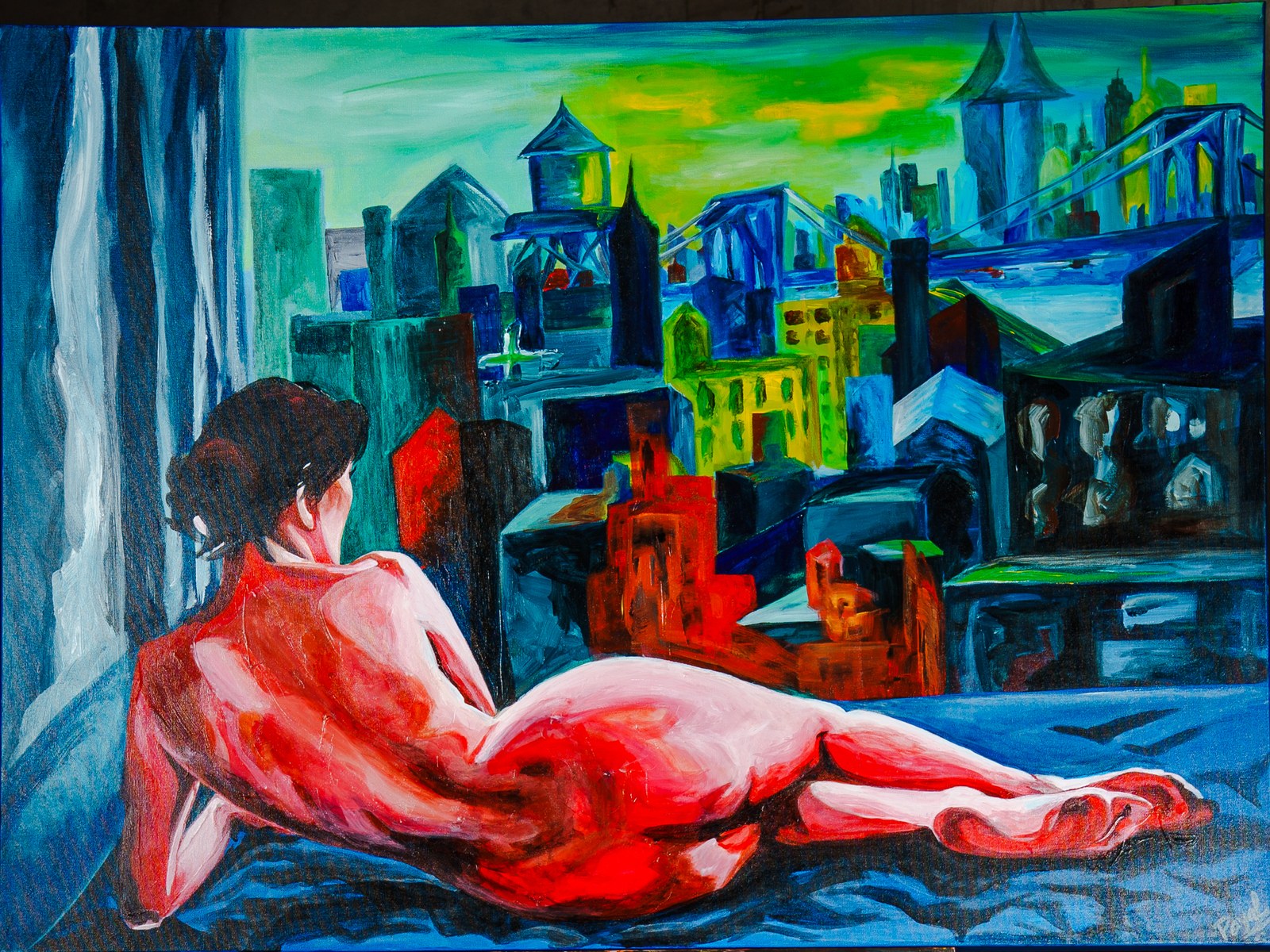A nude woman reclines on indigo sheets, gazing across a luminous skyline of distant towers and bridges. The Heat of Cold Distance, 2026, by Payal Agarwal.