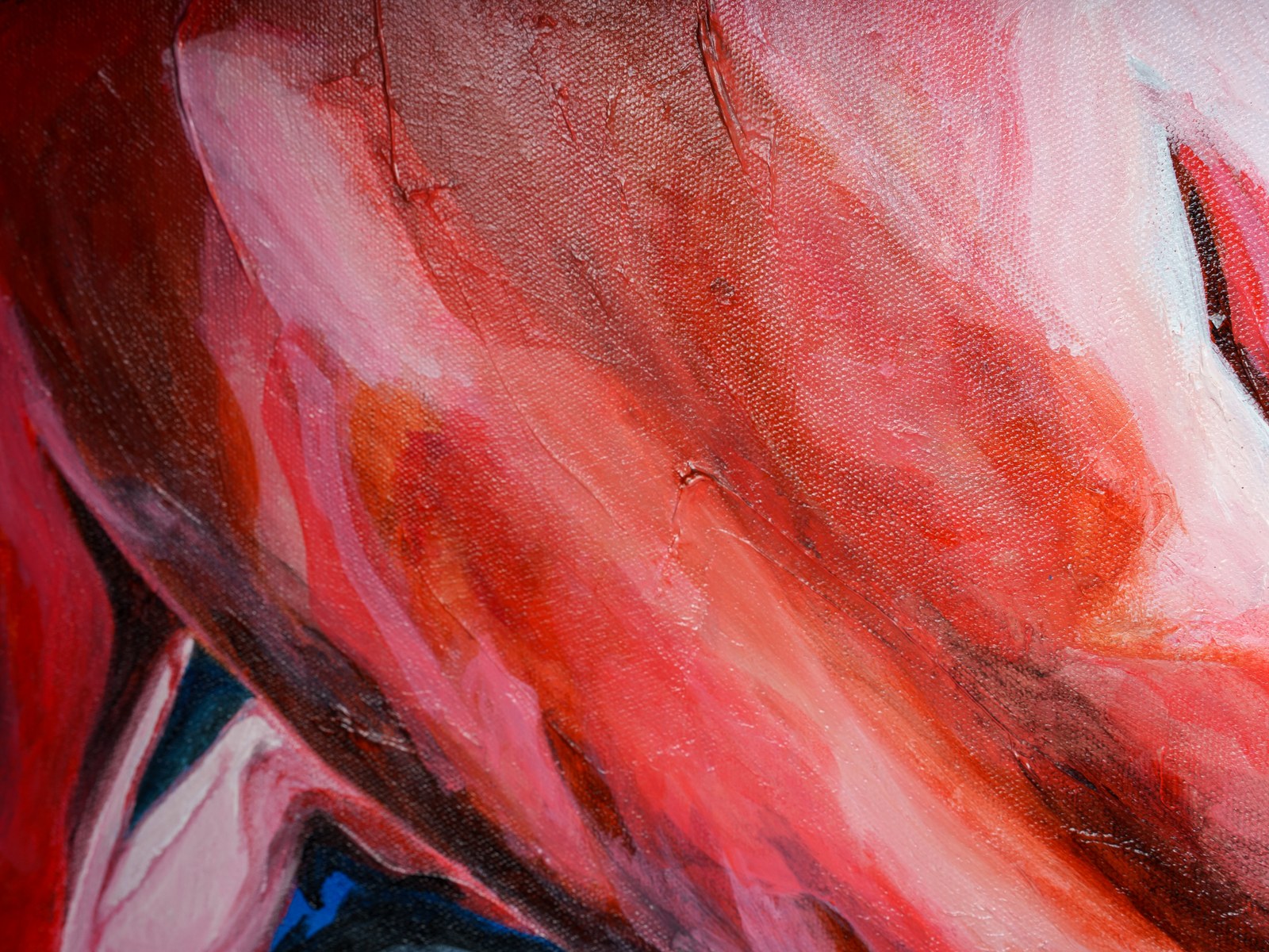 Layered strokes of rose, scarlet and bone reveal the canvas weave beneath the figure's skin. The Heat of Cold Distance, 2026, by Payal Agarwal.
