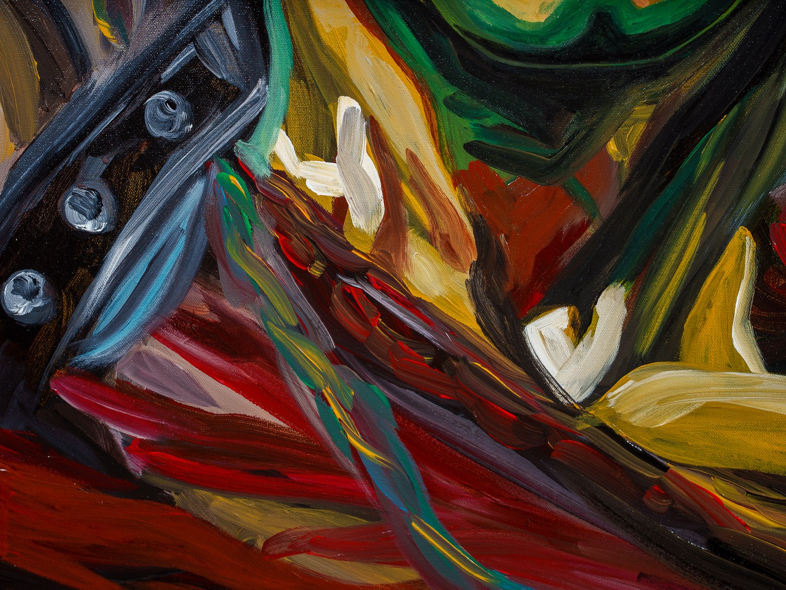 Brushwork close-up: a bolted strap and crimson strokes resolve into painterly gesture. The Insane Smile Longest, 2026, by Payal Agarwal.