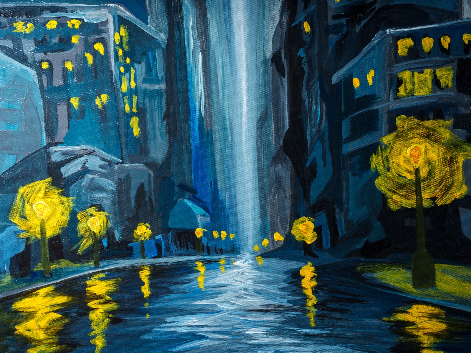 Central avenue detail: yellow lamps mirrored in slick pavement between looming buildings. The Lights Outlasted Everyone, 2026, by Payal Agarwal.