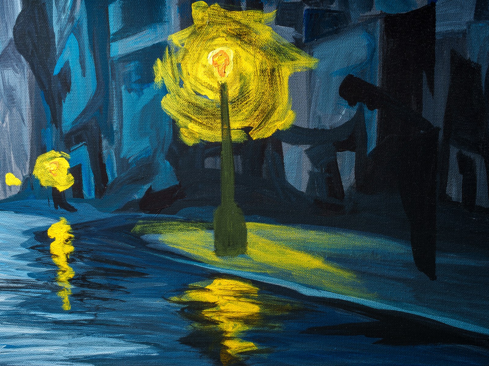 Solitary streetlamp glows above its trembling reflection on wet asphalt. The Lights Outlasted Everyone, 2026, by Payal Agarwal.