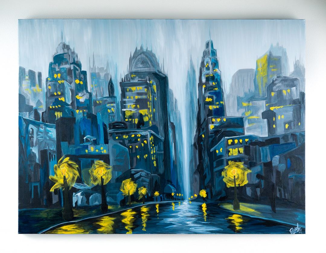 The Lights Outlasted Everyone by Payal Agarwal, 2026. Acrylic on canvas, 36 × 48 in. Available.