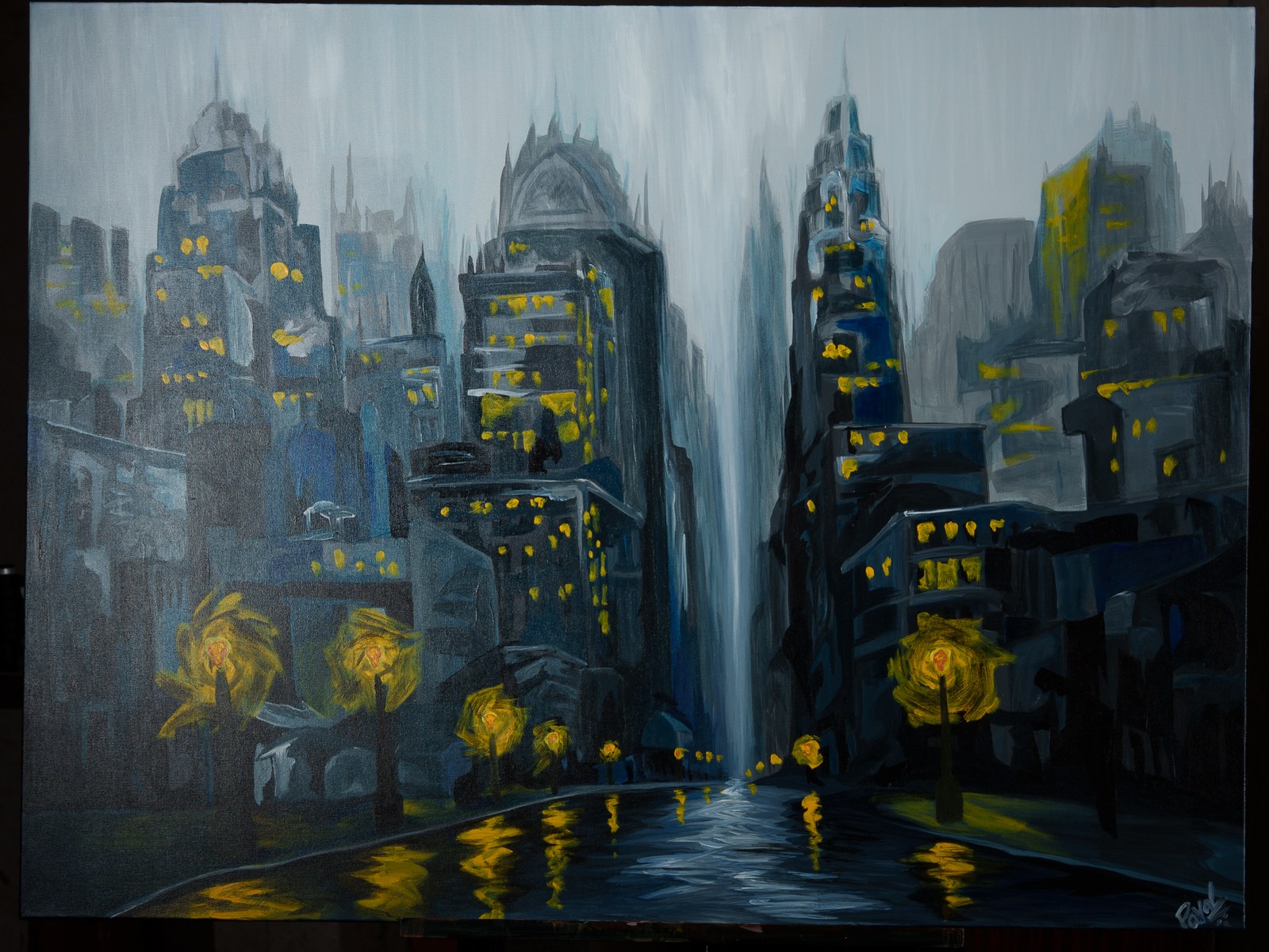 Full canvas: blue-grey towers dissolve into fog above wet, lamp-lit empty streets. The Lights Outlasted Everyone, 2026, by Payal Agarwal.