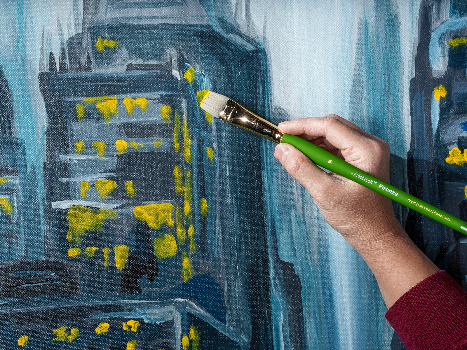 Artist's hand applies yellow window-light dabs across a darkened tower facade. The Lights Outlasted Everyone, 2026, by Payal Agarwal.