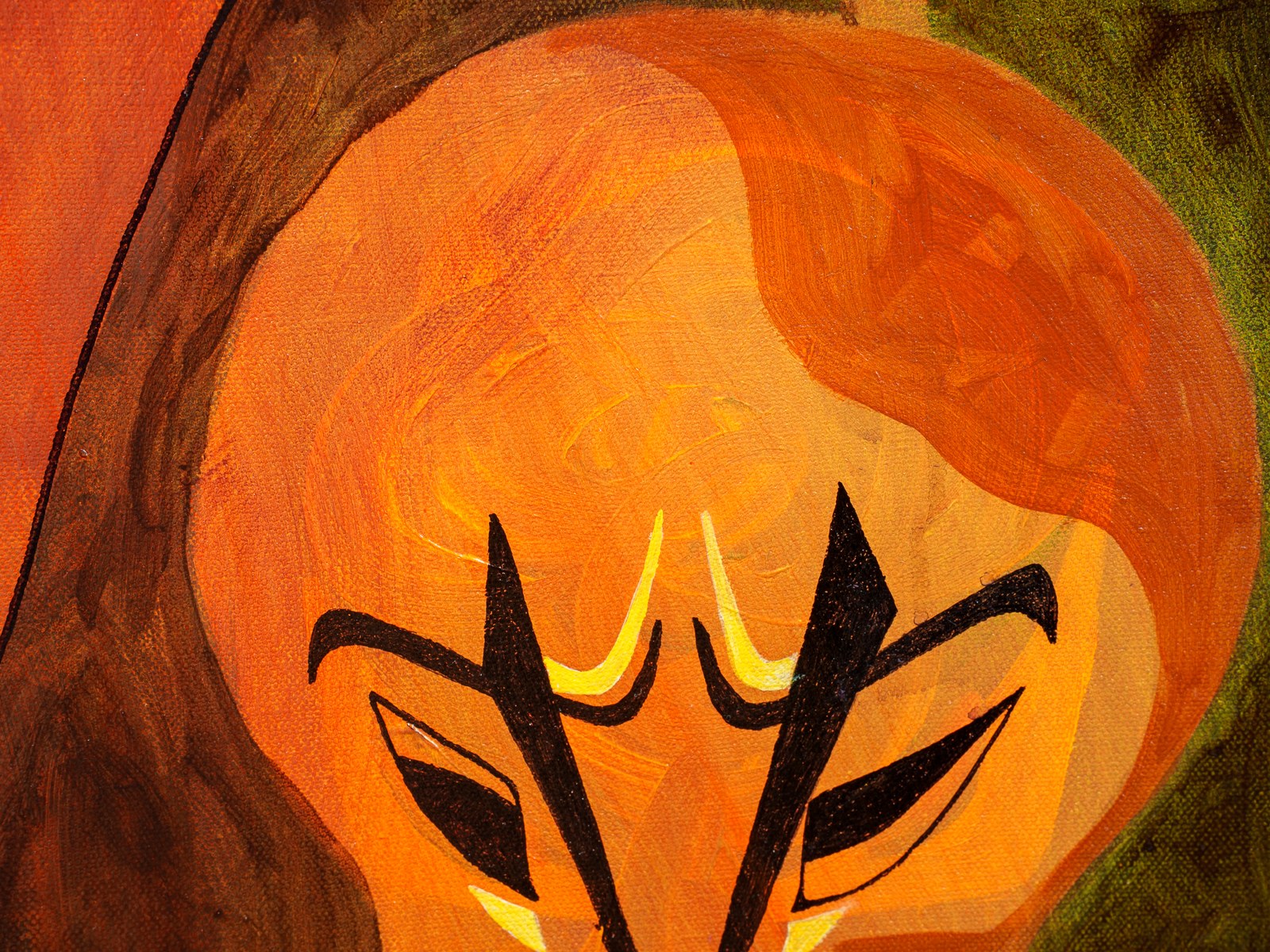 Detail: the feral mask, black calligraphic strokes carving a snarl from molten orange. The Repertoire, 2026, by Payal Agarwal.
