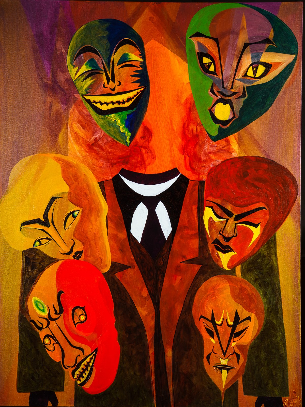 Suited figure ringed by six masks of self: grinning, cold, seductive, furious, calculating, feral. The Repertoire, 2026, by Payal Agarwal.