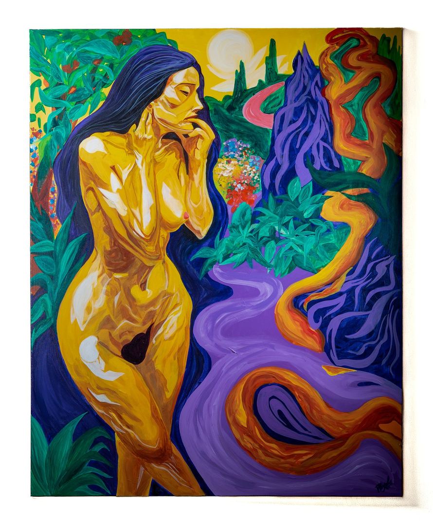 The Serpent Was Already There by Payal Agarwal, 2026. Acrylic on canvas, 60 × 48 in. Available.