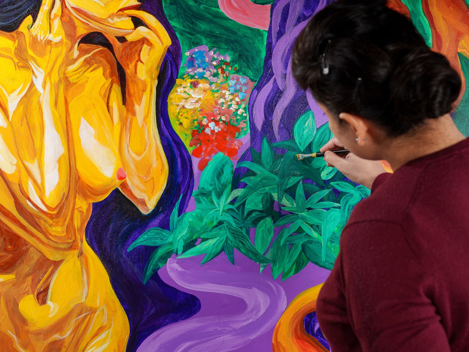 The artist refines foliage where serpent and garden become indistinguishable. The Serpent Was Already There, 2026, by Payal Agarwal.