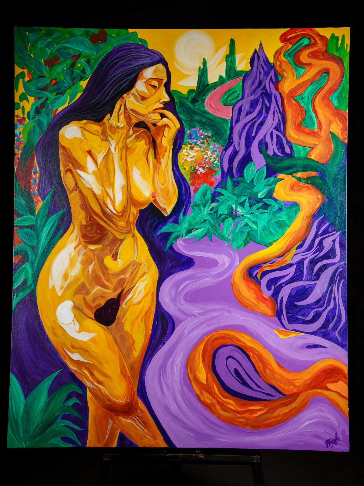 Ochre figure dissolves into Eden's serpentine garden, temptation woven from the first bloom. The Serpent Was Already There, 2026, by Payal Agarwal.