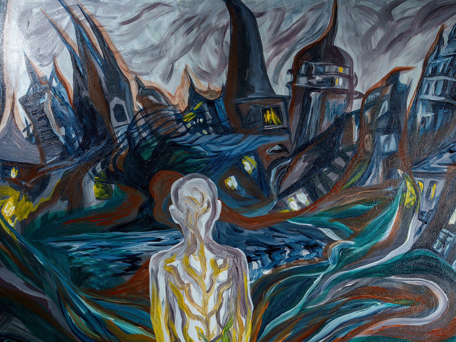 Tighter framing isolates the luminous figure beneath the looming Gothic skyline. What You Root Into, Roots Into You, 2026, by Payal Agarwal.
