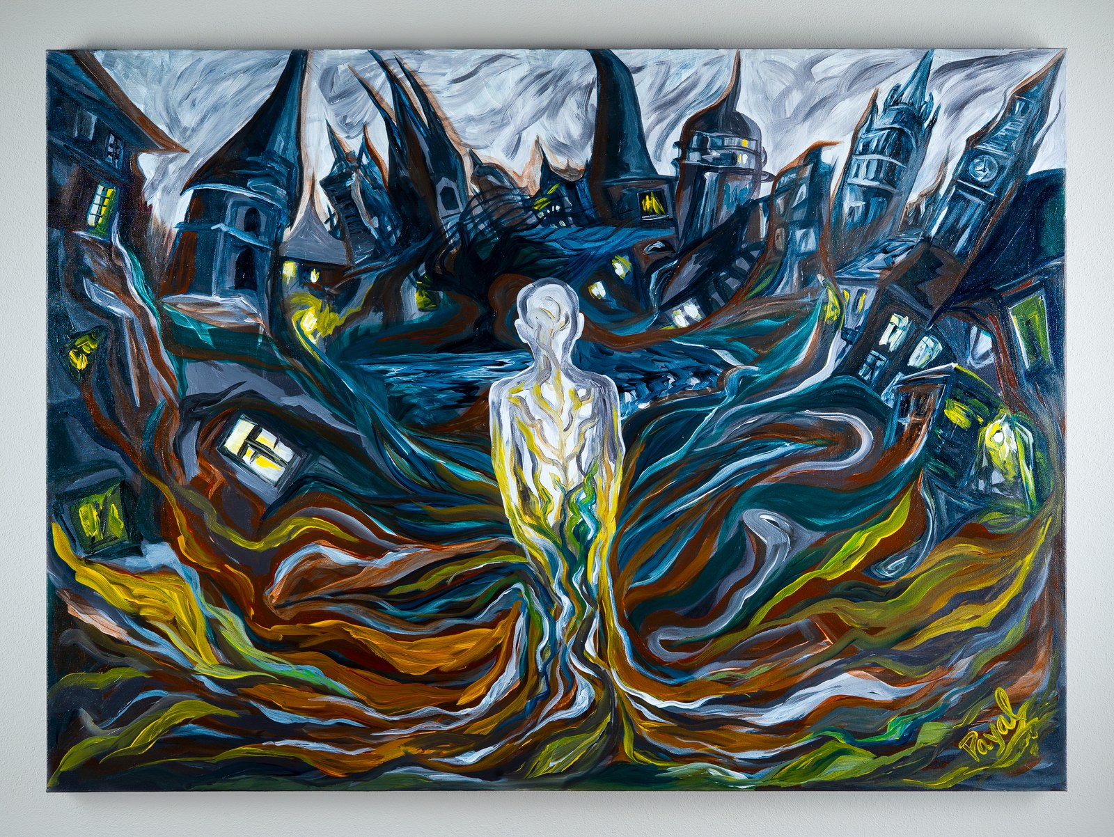 What You Root Into, Roots Into You. 2026. Acrylic on canvas, 36×48 in. By Payal Agarwal.
