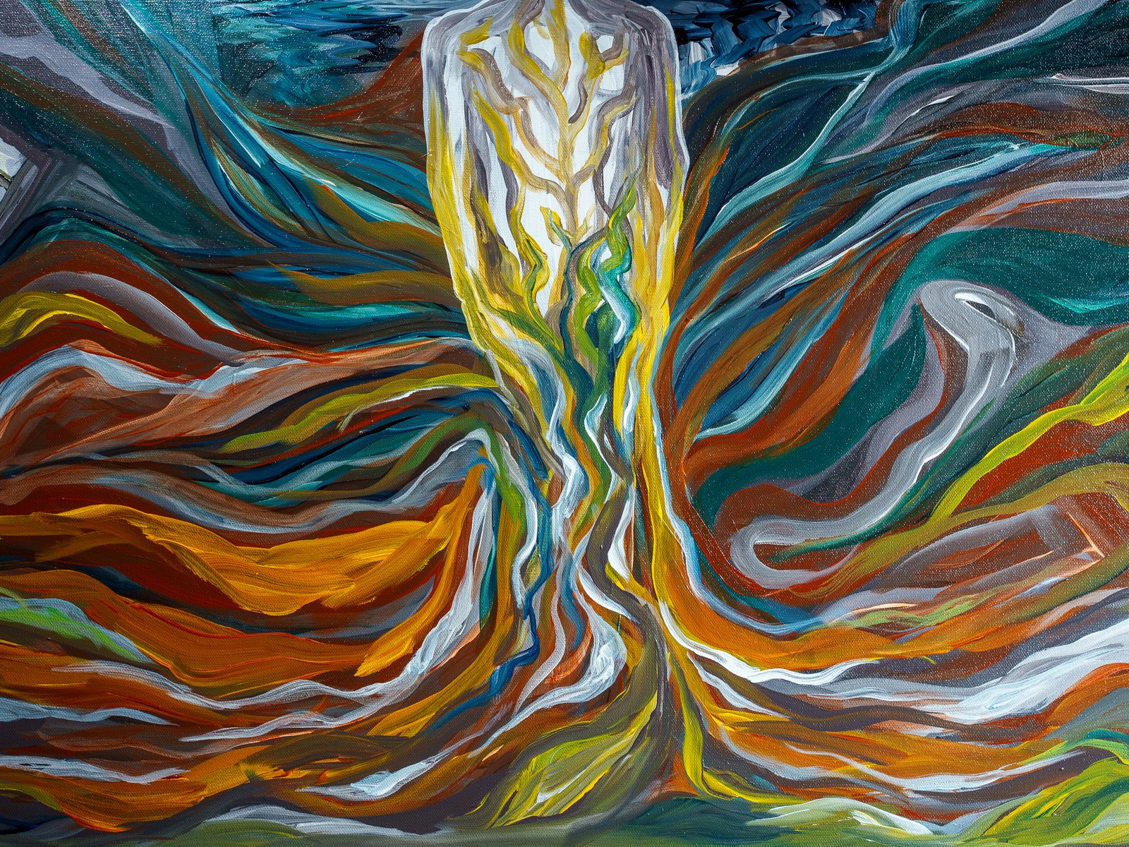 Close view of the gold-veined torso dissolving into ribboned earthly currents. What You Root Into, Roots Into You, 2026, by Payal Agarwal.