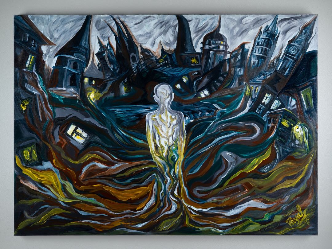 What You Root Into, Roots Into You by Payal Agarwal, 2026. Acrylic on canvas, 36 × 48 in. Available.