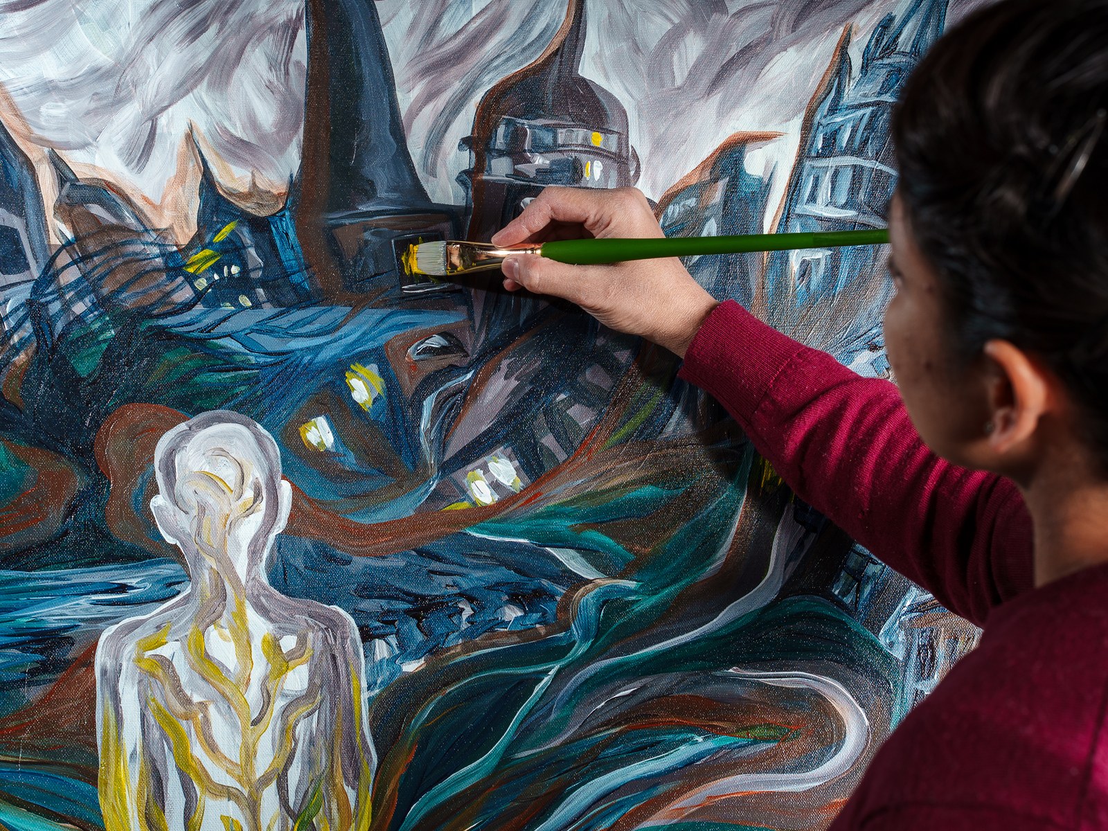 Payal Agarwal refines the dark cityscape pressing inward upon the standing figure. What You Root Into, Roots Into You, 2026, by Payal Agarwal.