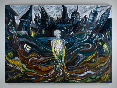 What You Root Into, Roots Into You by Payal Agarwal, 2026. Acrylic on canvas, 48 × 36 in. Available.