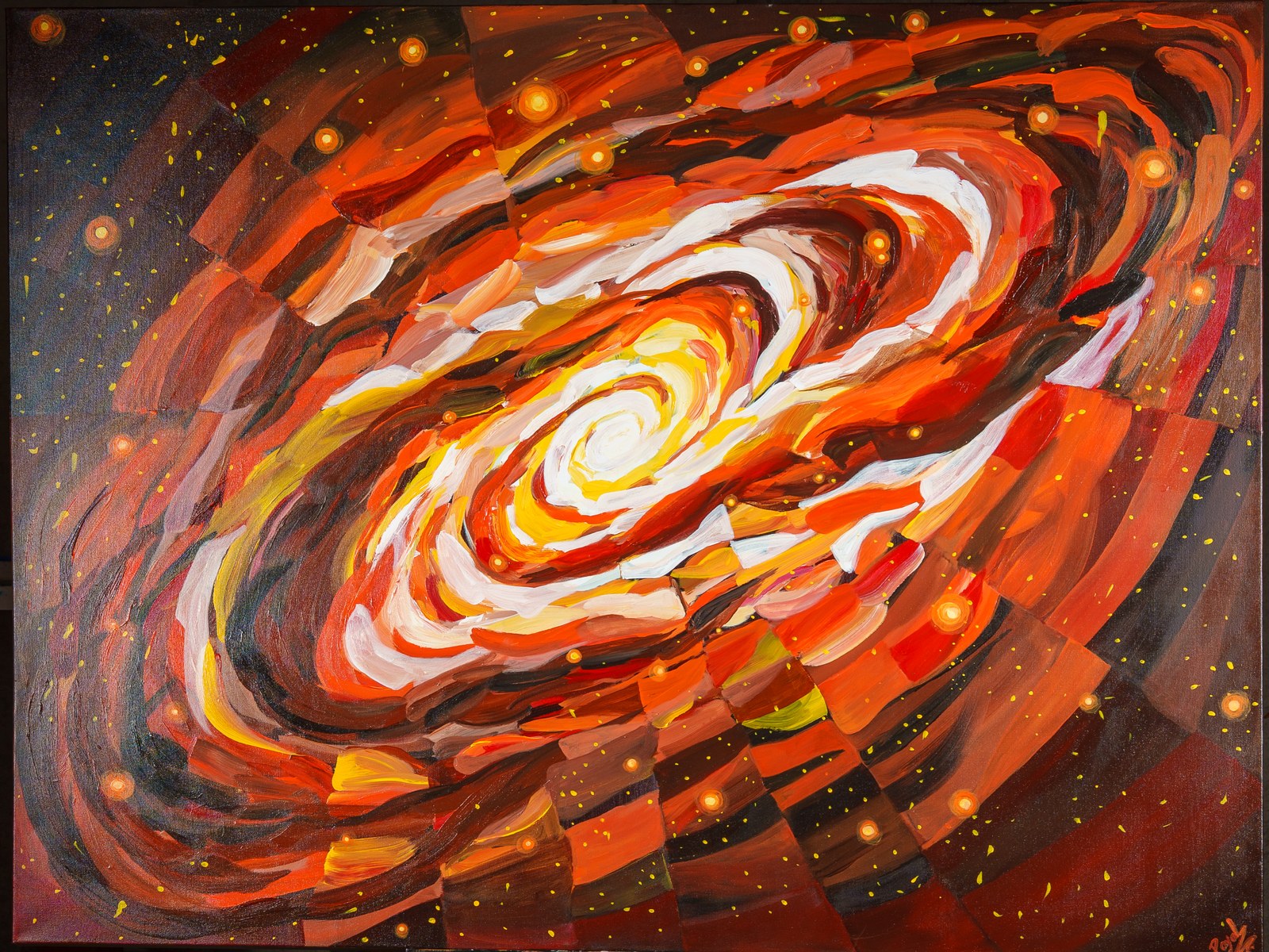 Full view: spiral galaxy burns outward from a white core against star-flecked dark. You Are the Reason Stars Form, 2026, by Payal Agarwal.